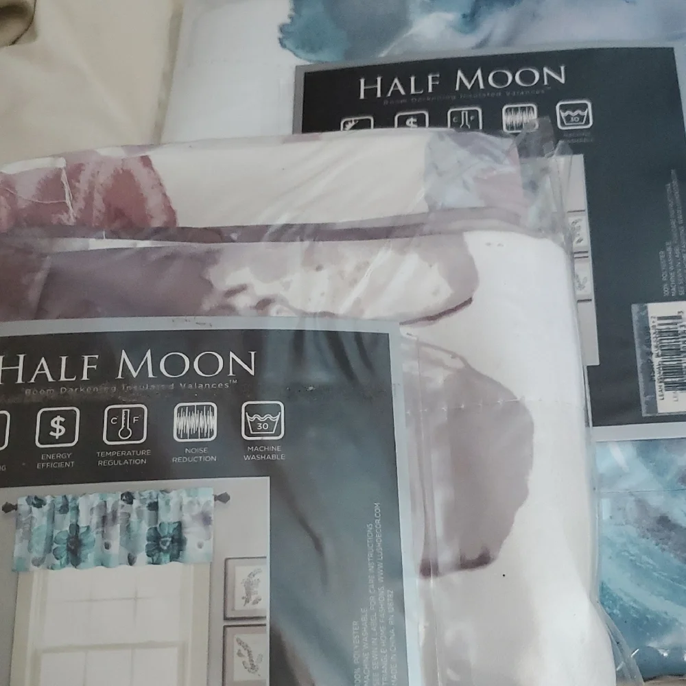 2 Half Moon Blue and White Valance Curtains 52x18x2